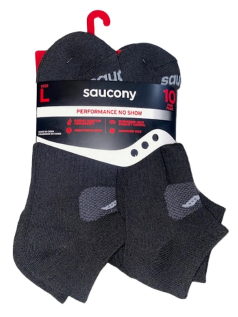 Saucony 10 Pair Men's Performance No Show Black Socks Size Large 8-12